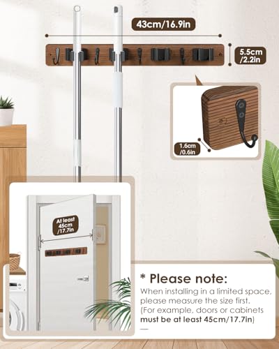 Wooden Broom Holder Wall Mount - 4 Clamps and 4 Hooks Mop Organizer