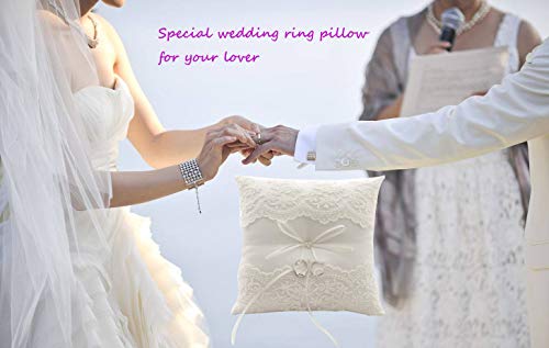 Ivory Wedding Ring Bearer Pillow with Lace and Pearl Detail 8.26 Inch