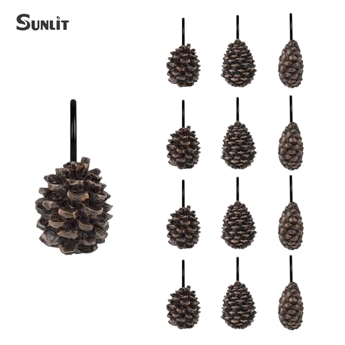 Sunlit Pinecone Family Shower Curtain Hooks Set of 12 with Black Hooks, Winter Christmas Decor