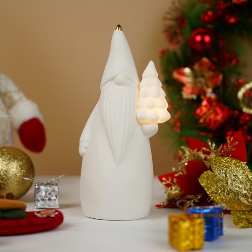 Lighted White Ceramic Christmas Gnome Figurine with Timer, 7.5-Inch