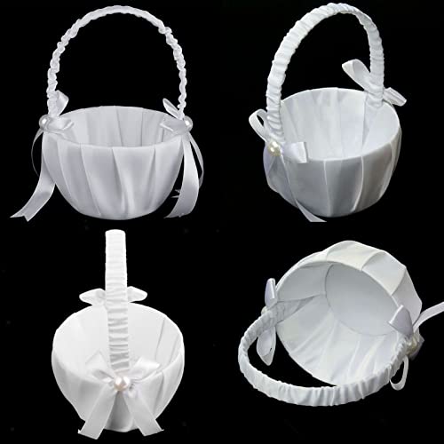 4-Piece White Satin Flower Girl Baskets with Pearl Bows for Weddings