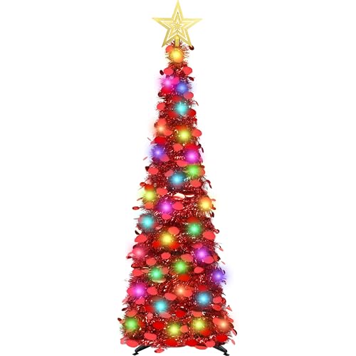 5ft Prelit Pop-Up Christmas Tinsel Pencil Tree with 50 LED Lights - Red