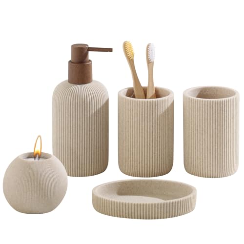 5-Piece Bathroom Accessory Set, Sandstone-Look Resin Bath Organizer