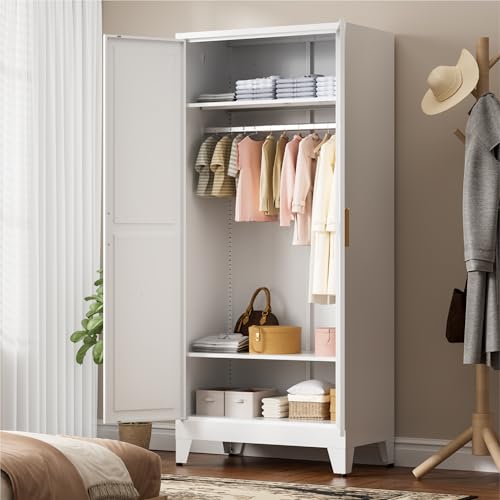 71-Inch Metal Wardrobe Closet with Adjustable Shelves and Hanging Rod