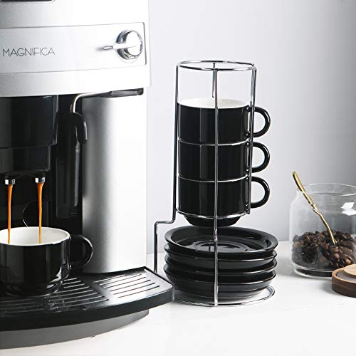 Sweejar Black Ceramic Espresso Cups Set of 4 (4 oz) with Saucers & Metal Stand