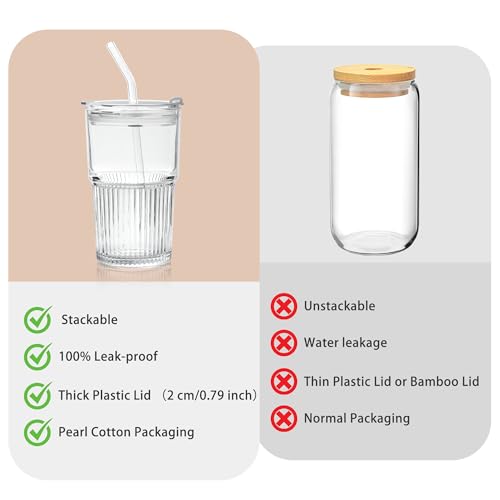 16oz Ribbed Glass Tumbler Set with Leak-Proof Lids and Straws