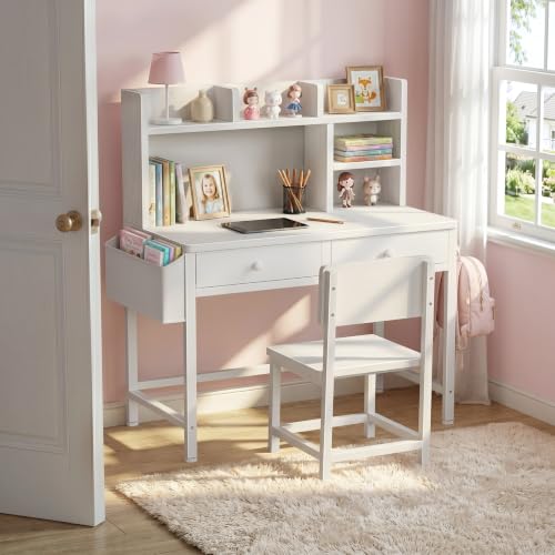 Kids Study Desk and Chair Set with Hutch and Fabric Storage Drawers