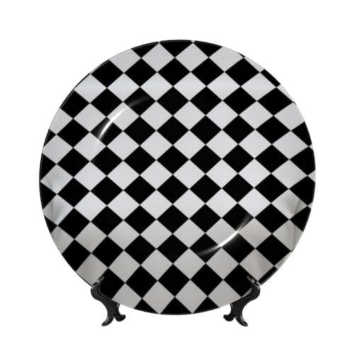 Checkered Bone China Decorative Plate with Stand, Modern Wall Art Decor