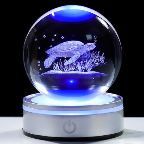 3D Sea Turtle Crystal Ball Night Light with LED Base for Beach Decor