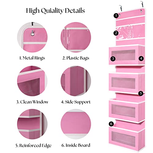 Pink Over Door Organizer with 4 Large Clear Pockets Hanging Storage