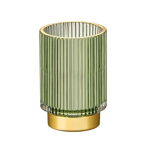 Large Green Glass Makeup Brush & Toothbrush Holder Organizer with Gold Base