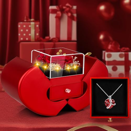 Preserved Real Red Rose in Apple Jewelry Box with I Love You Necklace