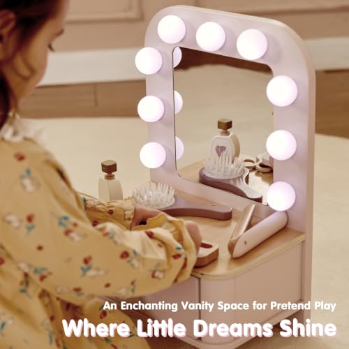 Wooden Toddler Makeup Vanity Set with Lighted Mirror and 10 Accessories
