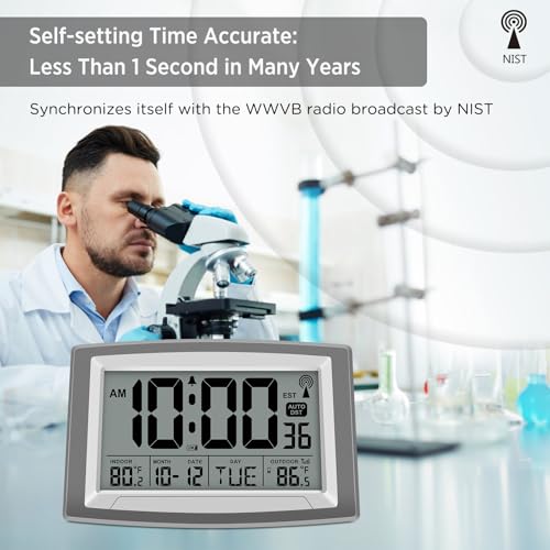 Atomic Self-Setting Digital Wall Clock with Indoor/Outdoor Temperature Sensor