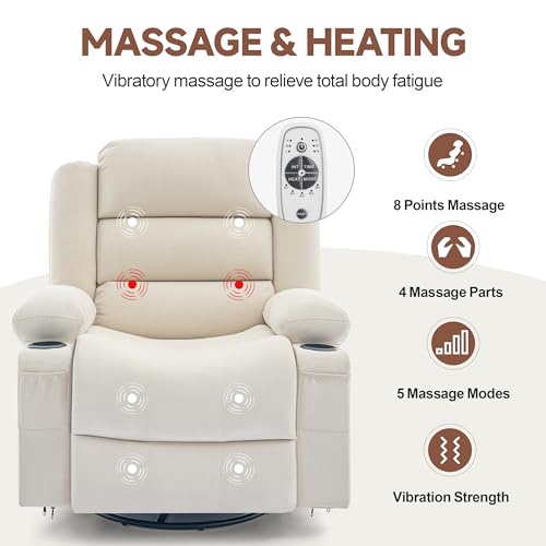 Oversized Rocking Recliner Chair with Heat, Massage, and 360° Swivel