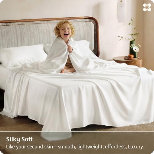 Bedsure White Queen Organic Bamboo Viscose Sheet Set - 4 Pieces, Deep Pocket, Cool & Soft