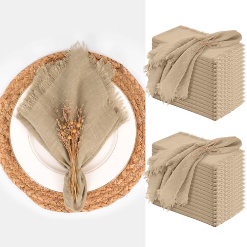 Caramel 16x16 Inch Cotton Linen Cloth Napkins Set of 30 with Fringe - Rustic Wedding & Party Table Decor