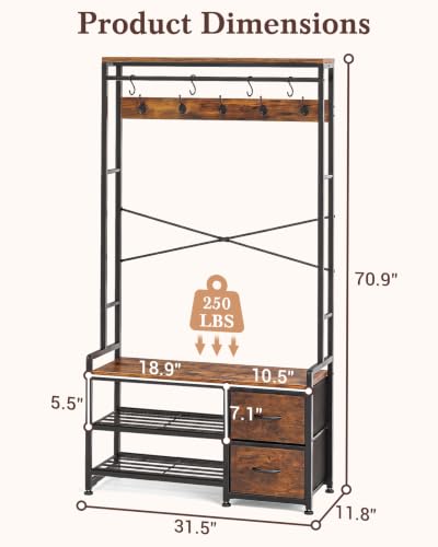 5-in-1 Industrial Hall Tree with Bench, Shoe Storage, and 2 Fabric Drawers