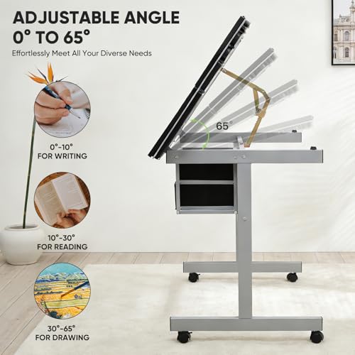 Adjustable Drafting Table with Tilting Glass Top and 2 Drawers