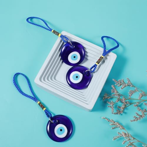 Blue Evil Eye Glass Pendant Car Charm - Turkish Amulet for Good Luck & Protection (Round)