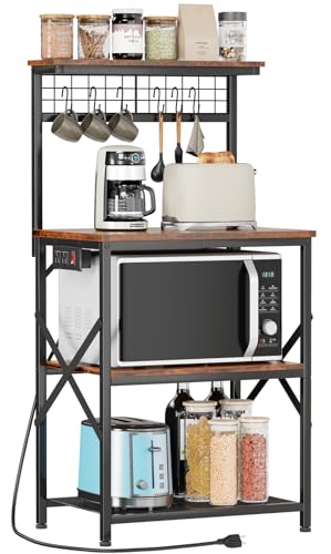 4-Tier Kitchen Baker's Rack with Power Outlet & Coffee Bar Stand, Rustic Brown