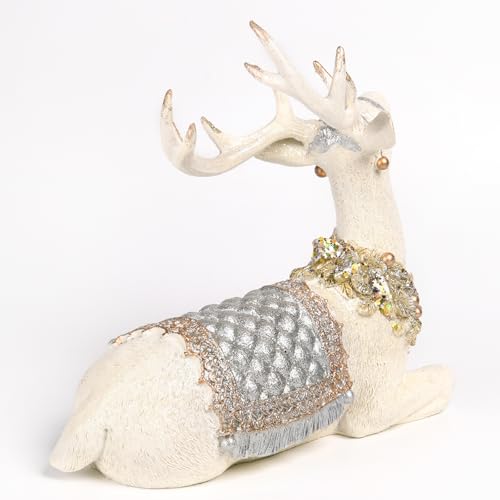 Newman House Studio 2-Pack Sitting Reindeer Figurines Christmas Decor - Cream & Gold, 10.6 x 4.5 x 9.5 inches