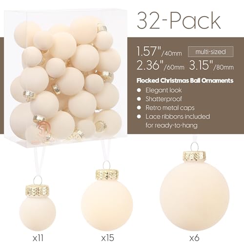 Sea Team Cream Flocked Velvet Christmas Ornaments 32-Pack - Holiday Decor
