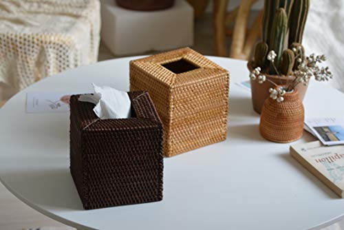 Square Rattan Tissue Box Cover, Hand Woven Wicker Tissue Holder 5.5 Inch