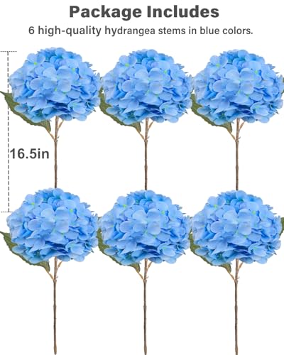 6 Pcs Blue Silk Hydrangea Artificial Flowers with Stems for Home & Wedding Decor