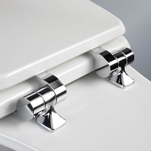 Slow Close Round Toilet Seat with Chrome Hinges, Enameled Wood, White