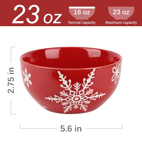 Red Ceramic Christmas Cereal Bowls Set - 6 Pieces, 5.6 Inch Snowflake Holiday Dinnerware