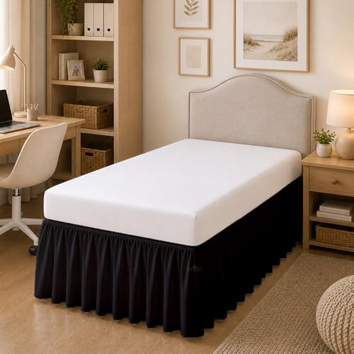 Twin XL Ruffled Bed Skirt with 36 Inch Drop - Black Microfiber Dorm Skirt