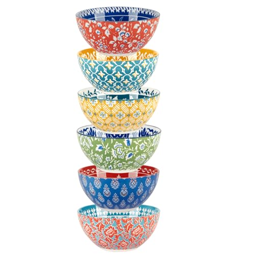 Panache 4.75" All Purpose 13 oz. Porcelain Bowls, Set of 6 – Vibrant Mix & Match Global-Inspired Designs – Dishwasher & Microwave Safe for Snacks, Sides, Dips, Condiments, and Desserts