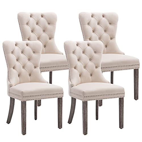 Velvet Upholstered Dining Chairs with Nailhead Trim, Set of 4, Beige