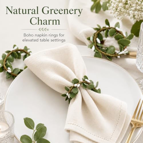 Cloud-LINK Artificial Eucalyptus Napkin Rings Set of 8 with White Berry Accents for Wedding & Holiday Decor