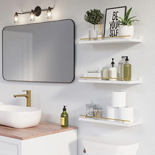 Set of 3 Floating Shelves with Gold Metal Guardrail, White Wood Wall Shelves