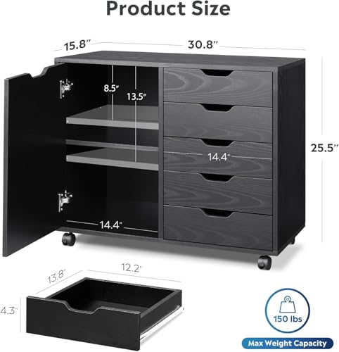 5-Drawer Mobile Storage Cabinet with Adjustable Shelf and Printer Stand