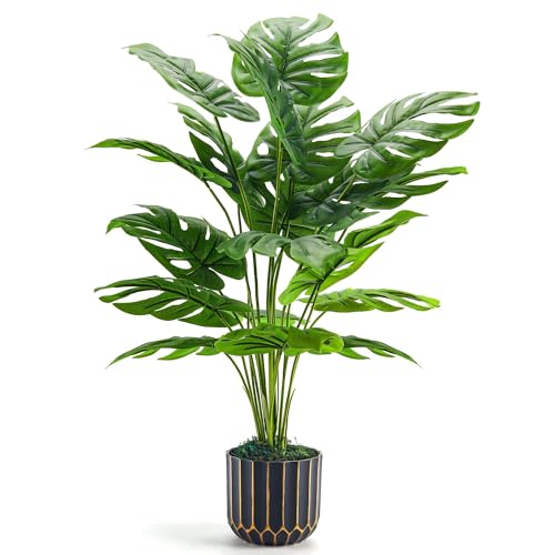28-Inch Artificial Monstera Plant in Black & Gold Pot for Home Decor