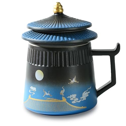 Coolpei Black & Blue Ceramic Tea Cup with Infuser & Lid 14.8oz - Vintage Style Steeping Mug for Tea Lovers Gift