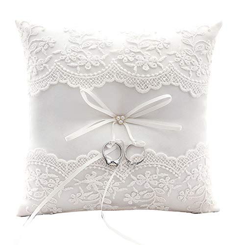 Ivory Wedding Ring Bearer Pillow with Lace and Pearl Detail 8.26 Inch