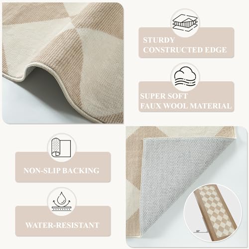 Checkered Print Runner Rug 2x6, Washable Non-Slip Faux Wool Kitchen Runner