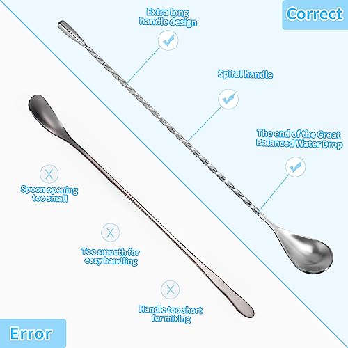 12-Inch Stainless Steel Cocktail Mixing Spoons - 2 Piece Long Stirring Set