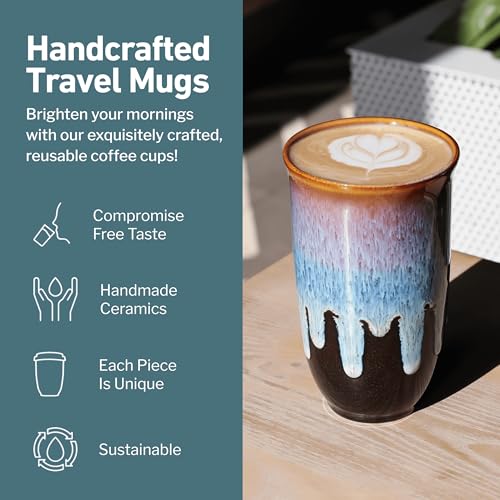 NOVA CERAMICS Monsoon 16oz Ceramic Travel Mug - Green Coffee Tumbler, Microwave & Dishwasher Safe