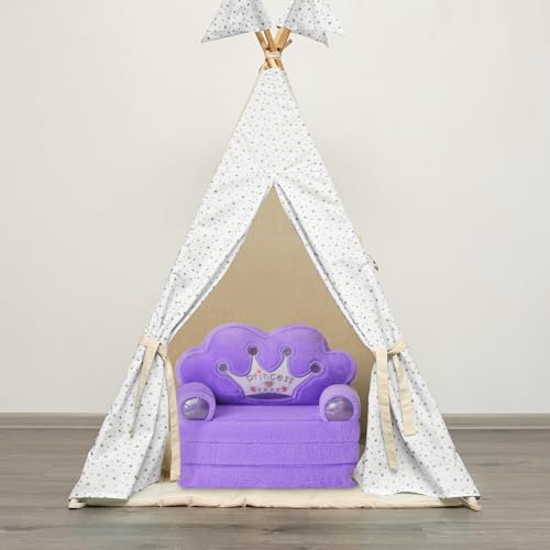 Foldable Toddler Flip Out Sofa Chair - Soft Plush Crown Kids Couch, Purple