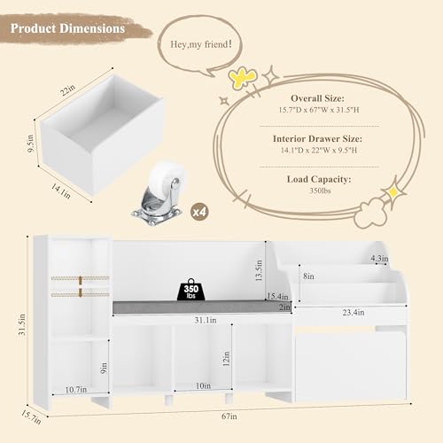 Kids Reading Nook with Bookshelf, Toy Storage Bench, and Mobile Toy Box