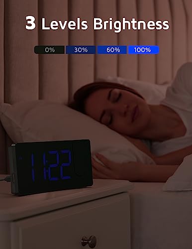 Digital Projection Alarm Clock with Curved Blue LED Display & USB Charger