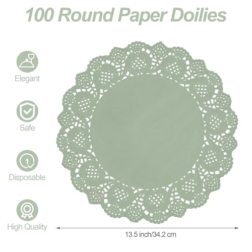 100 Pack Sage Green Lace Paper Doilies - 13.5 Inch Round Disposable Placemats