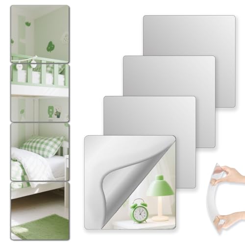 4 Pcs Shatterproof Adhesive Mirror Tiles, 8.2" Square Wall Mirror Decals