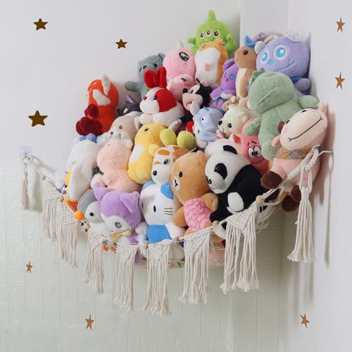 Large Macrame Stuffed Animal Hammock with LED Lights, Boho Toy Organizer