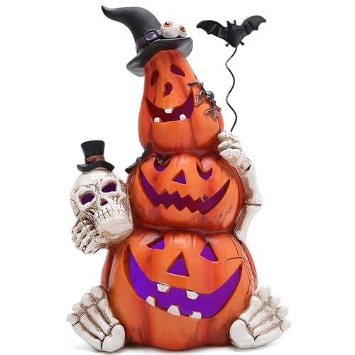 8.25-Inch Lighted Halloween Pumpkin Statue Resin Tabletop Decor